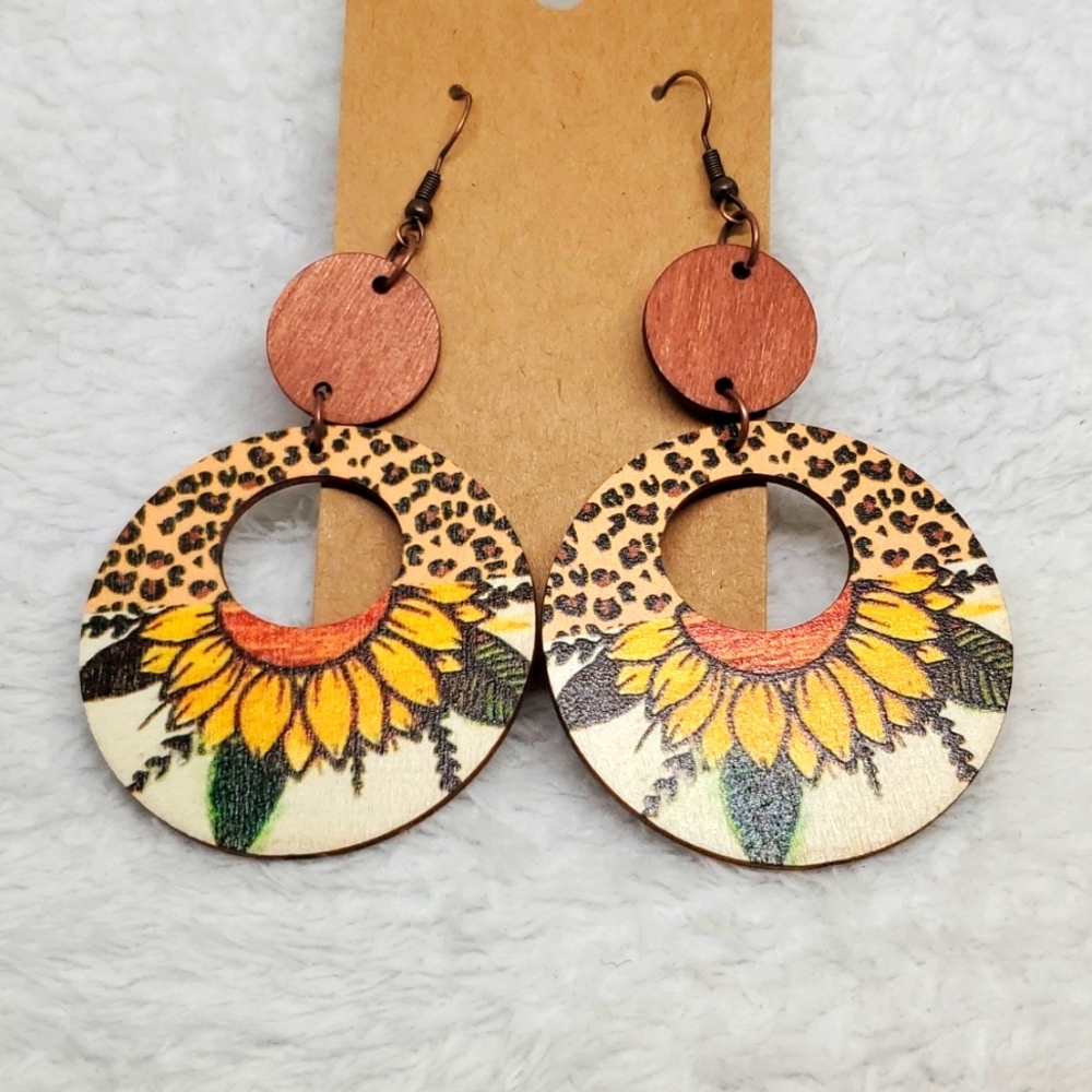 7/$10 Sunflower Wooden Earrings, New